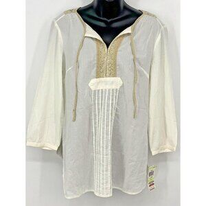 Charter Club Top Size 4 White Floral Lace 3/4 Sleeve Pleated Smocked Women New